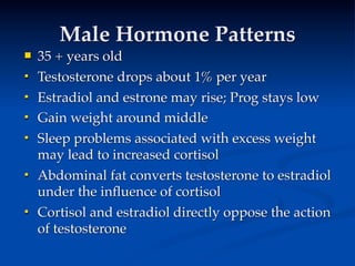 Male Hormone Patterns
   35 + years old
 
    
     
      
    
   Testosterone drops about 1% per year

   Estradiol and estrone may rise; Prog stays low
   Gain weight around middle
        
    
   Sleep problems associated with excess weight
    may lead to increased cortisol
   Abdominal fat converts testosterone to estradiol
    under the inﬂuence of cortisol
   Cortisol and estradiol directly oppose the action
    of testosterone

    
 