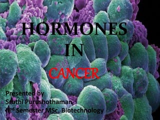 HORMONES
IN
CANCER
Presented by
Sruthi Purushothaman
IInd Semester MSc. Biotechnology
 