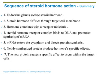 Copyright © 2006 Pearson Education, Inc., publishing as Benjamin Cummings
Sequence of steroid hormone action - Summary
 1. Endocrine glands secrete steroid hormone .
 2. Steroid hormone diffuses through target cell membrane .
 3. Hormone combines with a receptor molecule .
 4. steroid hormone-receptor complex binds to DNA and promotes
synthesis of mRNA.
 5. mRNA enters the cytoplasm and directs protein synthesis .
 6. Newly synthesized protein produce hormone’s specific effects.
 7. The new protein causes a specific effect to occur within the target
cells.
 