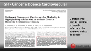 GH - Câncer e Doença Cardiovascular
O tratamento
com GH diminui
o risco de
infartos e não
aumenta o risco
de câncer
 