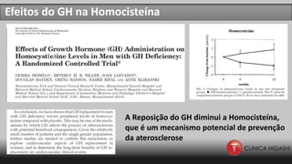 Efeitos do GH na Homocisteína
A Reposição do GH diminui a Homocisteína,
que é um mecanismo potencial de prevenção
da aterosclerose
 