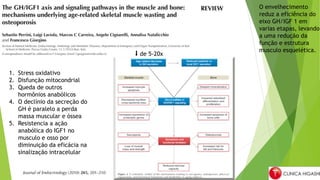 1. Stress oxidativo
2. Disfunção mitocondrial
3. Queda de outros
hormônios anabólicos
4. O declínio da secreção do
GH é paralelo a perda
massa muscular e óssea
5. Resistencia a ação
anabólica do IGF1 no
musculo e osso por
diminuição da eficácia na
sinalização intracelular
⬇ de 5-20x
O envelhecimento
reduz a eficiência do
eixo GH/IGF 1 em
varias etapas, levando
a uma redução da
função e estrutura
musculo esquelética.
 