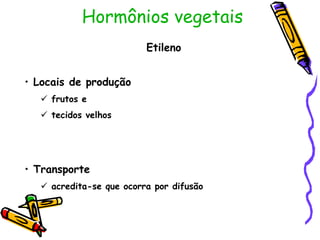 Hormônios vegetais
Etileno
• Locais de produção
 frutos e
 tecidos velhos
• Transporte
 acredita-se que ocorra por difusão
 
