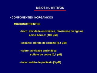 MEIOS NUTRITIVOS COMPONENTES INORGÂNICOS MICRONUTRIENTES - boro: atividade enzimática, biosíntese de lignina ácido bórico: [100  µM] - cobalto: cloreto de cobalto  [0,1 µM] - cobre: atividade enzimática sulfato de cobre [0,1 µM] - iodo: iodeto de potássio [5 µM] 