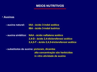 MEIOS NUTRITIVOS Auxinas - auxina natural:  IAA - ácido 3-indol acético IBA - ácido 3-indol butírico - auxina sintética:  NAA - ácido naftaleno acético 2,4-D - ácido 2,4-diclorofenoxi acético 2,4,5-T - ácido 2,4,5-triclorofenoxi acético - substitutos de auxina:  picloram, dicamba alta concentração são herbicidas in vitro atividade de auxina 