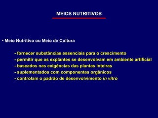 MEIOS NUTRITIVOS Meio Nutritivo ou Meio de Cultura - fornecer substâncias essenciais para o crescimento - permitir que os explantes se desenvolvam em ambiente artificial - baseados nas exigências das plantas inteiras  - suplementados com componentes orgânicos - controlam o padrão de desenvolvimento  in vitro 