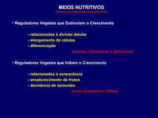 Reguladores Vegetais que Estimulam o Crescimento - relacionados à divisão delular - alongamento de células - diferenciação   auxinas, citocininas e giberilinas Reguladores Vegetais que Inibem o Crescimento - relacionados à senescência - amadurecimento de frutos - dormência de sementes   ácido abscísico e etileno MEIOS NUTRITIVOS 