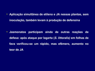 Aplicação simultânea de etileno e JA nessas plantas, sem inoculação, também levam à produção de defensina Jasmonatos participam ainda de outras reações de defesa: após ataque por lagarta ( S. littoralis)  em folhas de fava verificou-se um rápido, mas efêmero, aumento no teor de JA 