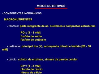 MEIOS NUTRITIVOS COMPONENTES INORGÂNICOS MACRONUTRIENTES - fósforo:  parte integrante de ác. nucléicos e compostos estruturais PO 4 - : [1 - 3 mM] fosfato de sódio fosfato de potássio - potássio:  principal íon (+), acompanha nitrato e fosfato [20 - 30 mM] - cálcio:  cofator de enzimas, síntese da parede celular Ca +2 : [1 - 3 mM] cloreto de cálcio nitrato de cálcio 