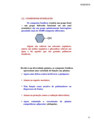16/05/2013 
11 
2.2. COMPOSTOS FENÓLICOS 
Os compostos fenólicos (contêm um grupo fenol 
– um grupo hidroxila funcional em um anel 
aromático) são um grupo quimicamente heterogêneo 
possuindo mais de 10.000 compostos diferentes. 
Alguns são solúveis em solventes orgânicos, 
outros são ácidos orgânicos e glicosídeos solúveis em 
água e há aqueles que são grandes polímeros 
insolúveis. 
Devido à sua diversidade química, os compostos fenólicos 
apresentam uma variedade de funções nas plantas: 
• Agem como defesa contra herbívoros e patógenos; 
• Atuam no suporte mecânico; 
• Têm função como atrativo de polinizadores ou 
dispersores de frutos; 
• Atuam na proteção contra a radiação ultravioleta; 
• Agem reduzindo o crescimento de plantas 
competidoras adjacentes (alelopatia). 
 