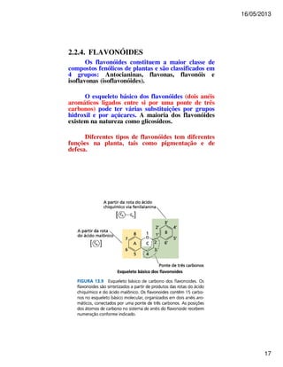 16/05/2013 
17 
2.2.4. FLAVONÓIDES 
Os flavonóides constituem a maior classe de 
compostos fenólicos de plantas e são classificados em 
4 grupos: Antocianinas, flavonas, flavonóis e 
isoflavonas (isoflavonóides). 
O esqueleto básico dos flavonóides (dois anéis 
aromáticos ligados entre si por uma ponte de três 
carbonos) pode ter várias substituições por grupos 
hidroxil e por açúcares. A maioria dos flavonóides 
existem na natureza como glicosídeos. 
Diferentes tipos de flavonóides tem diferentes 
funções na planta, tais como pigmentação e de 
defesa. 
 