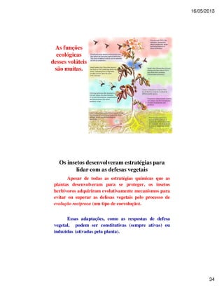 16/05/2013 
34 
As funções 
ecológicas 
desses voláteis 
são muitas. 
Os insetos desenvolveram estratégias para 
lidar com as defesas vegetais 
Apesar de todas as estratégias químicas que as 
plantas desenvolveram para se proteger, os insetos 
herbívoros adquiriram evolutivamente mecanismos para 
evitar ou superar as defesas vegetais pelo processo de 
evolução recíproca (um tipo de coevolução). 
Essas adaptações, como as respostas de defesa 
vegetal, podem ser constitutivas (sempre ativas) ou 
induzidas (ativadas pela planta). 
 