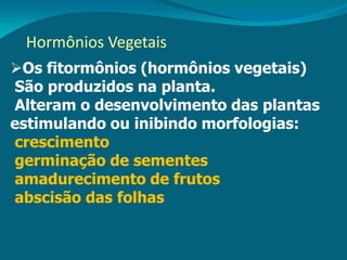 Hormônios Vegetais
Os fitormônios (hormônios vegetais)
São produzidos na planta.
Alteram o desenvolvimento das plantas
estimulando ou inibindo morfologias:
crescimento
germinação de sementes
amadurecimento de frutos
abscisão das folhas
 