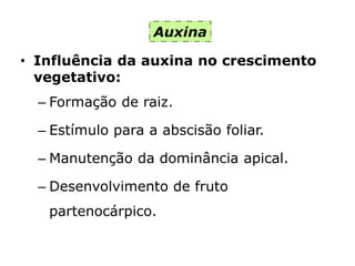 Auxina
• Influência da auxina no crescimento
vegetativo:
– Formação de raiz.
– Estímulo para a abscisão foliar.
– Manutenção da dominância apical.
– Desenvolvimento de fruto
partenocárpico.
 