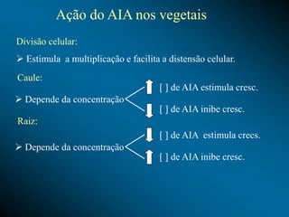  Depende da concentração
[ ] de AIA estimula cresc.
[ ] de AIA inibe cresc.
 Depende da concentração
[ ] de AIA estimula crecs.
[ ] de AIA inibe cresc.
Raiz:
Caule:
Ação do AIA nos vegetais
Divisão celular:
 Estimula a multiplicação e facilita a distensão celular.
 