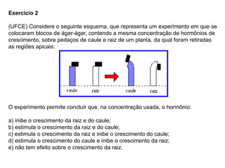 Exercício 2
(UFCE) Considere o seguinte esquema, que representa um experimento em que se
colocaram blocos de ágar-ágar, contendo a mesma concentração de hormônios de
crescimento, sobre pedaços de caule e raiz de um planta, da qual foram retiradas
as regiões apicais:
O experimento permite concluir que, na concentração usada, o hormônio:
a) inibe o crescimento da raiz e do caule;
b) estimula o crescimento da raiz e do caule;
c) estimula o crescimento da raiz e inibe o crescimento do caule;
d) estimula o crescimento do caule e inibe o crescimento da raiz;
e) não tem efeito sobre o crescimento da raiz.
 
