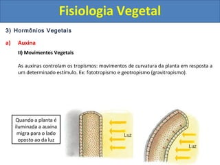 3) Hormônios Vegetais
a) Auxina
II) Movimentos Vegetais
As auxinas controlam os tropismos: movimentos de curvatura da planta em resposta a
um determinado estímulo. Ex: fototropismo e geotropismo (gravitropismo).
Quando a planta é
iluminada a auxina
migra para o lado
oposto ao da luz
Fisiologia Vegetal
 