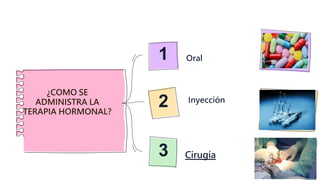 1
3
2
¿COMO SE
ADMINISTRA LA
TERAPIA HORMONAL?
Oral
Inyección
Cirugía
 