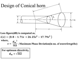 Design of Conical horn
For optimum directivity,
𝒅 𝒎 ≃ 𝟑𝒍𝝀
𝒔 =
𝒅 𝒎
2
8𝒍𝝀
;
𝑳 𝒔 = (𝟎. 𝟖 − 𝟏. 𝟕𝟏𝒔 + 𝟐𝟔. 𝟐𝟓𝒔 𝟐 − 𝟏𝟕. 𝟕𝟗𝒔 𝟑
Loss figure(dB) is computed as,
where,
Maximum Phase Deviation(in no. of 𝒘𝒂𝒗𝒆𝒍𝒆𝒏𝒈𝒕𝒉𝒔)
 