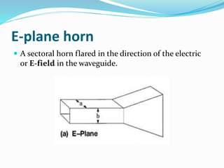 E-plane horn
 A sectoral horn flared in the direction of the electric
or E-field in the waveguide.
 