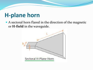 H-plane horn
 A sectoral horn flared in the direction of the magnetic
or H-field in the waveguide.
 