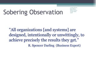 Sobering Observation © Dean Fixsen, Karen Blase, Robert Horner, George Sugai, 2008 "All organizations [and systems] are designed, intentionally or unwittingly, to achieve precisely the results they get." R. Spencer Darling  (Business Expert) 