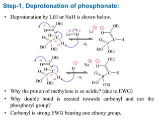 Step-1, Deprotonation of phosphonate:
• Deprotonation by LiH or NaH is shown below.
• Why the proton of methylene is so acidic? (due to EWG)
• Why double bond is created towards carbonyl and not the
phosphoryl group?
• Carbonyl is strong EWG bearing one ethoxy group.
C
H
Li H
+
-
+ -
P
H
OEt
O
O
OEtEtO
C
Li
P
H
OEt
O
O
OEt
EtO
- H2
C
H
H
+
-P
H
OEt
O
O
OEt
EtO
- +
- +
- H2
C
Na
P
H
OEt
O
O
OEtEtO
 