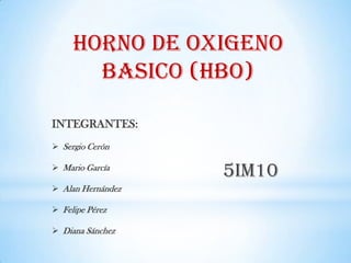 HORNO DE OXIGENO
BASICO (HBO)
INTEGRANTES:
 Sergio Cerón
 Mario García
 Alan Hernández
 Felipe Pérez
 Diana Sánchez
5IM10
 