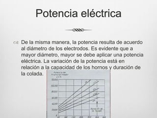 Potencia eléctrica
 De la misma manera, la potencia resulta de acuerdo
al diámetro de los electrodos. Es evidente que a
mayor diámetro, mayor se debe aplicar una potencia
eléctrica. La variación de la potencia está en
relación a la capacidad de los hornos y duración de
la colada.
 