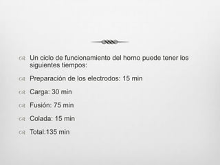  Un ciclo de funcionamiento del horno puede tener los
siguientes tiempos:
 Preparación de los electrodos: 15 min
 Carga: 30 min
 Fusión: 75 min
 Colada: 15 min
 Total:135 min
 