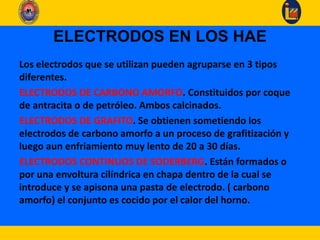 ELECTRODOS EN LOS HAE
Los electrodos que se utilizan pueden agruparse en 3 tipos
diferentes.
ELECTRODOS DE CARBONO AMORFO. Constituidos por coque
de antracita o de petróleo. Ambos calcinados.
ELECTRODOS DE GRAFITO. Se obtienen sometiendo los
electrodos de carbono amorfo a un proceso de grafitización y
luego aun enfriamiento muy lento de 20 a 30 días.
ELECTRODOS CONTINUOS DE SODERBERG. Están formados o
por una envoltura cilíndrica en chapa dentro de la cual se
introduce y se apisona una pasta de electrodo. ( carbono
amorfo) el conjunto es cocido por el calor del horno.
 