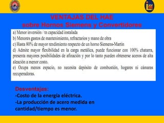 VENTAJAS DEL HAE
sobre Hornos Siemens y Convertidores
Desventajas:
-Costo de la energía eléctrica.
-La producción de acero medida en
cantidad/tiempo es menor.
 