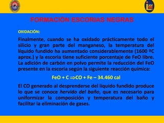 FORMACIÓN ESCORIAS NEGRAS
OXIDACIÓN:
Finalmente, cuando se ha oxidado prácticamente todo el
silicio y gran parte del manganeso, la temperatura del
líquido fundido ha aumentado considerablemente (1600 ºC
aprox.) y la escoria tiene suficiente porcentaje de FeO libre.
La adición de carbón en polvo permite la reducción del FeO
presente en la escoria según la siguiente reacción química:
FeO + C CO + Fe – 34.460 cal
El CO generado al desprenderse del líquido fundido produce
lo que se conoce hervido del baño, que es necesario para
uniformizar la composición y temperatura del baño y
facilitar la eliminación de gases.
 