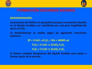FORMACIÓN ESCORIAS NEGRAS
DESFOSFORACIÓN:
La presencia de fósforo es perjudicial porque se presenta disuelto
en el líquido fundido y se manifiesta por una gran fragilidad del
acero en frío.
La desfosforarían se realiza según las siguientes reacciones
químicas:
2P + 5 FeO P2O5 + 5Fe + 46900 cal
P2O5 + 4 CaO  (CaO)4 P2O5
P2O5 + 3 CaO  (CaO)3 P2O5
El fósforo oxidado desaparece del líquido fundido para pasar a
formar parte de la escoria.
 