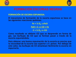 FORMACIÓN ESCORIAS NEGRAS
FORMACIÓN DE ESCORIA ESPUMOSA:
El mecanismo de formación de la escoria espumosa se basa en
las siguientes reacciones químicas:
Fe + ½ O2 FeO
FeO + C  CO + Fe
C + ½ O2  CO
Como resultado se obtiene CO que se desprende en forma de
gas. Las burbujas de CO que se forman pasan a través de la
escoria espumándola.
Para obtener una buena espumación de la escoria es preciso que
la viscosidad de la escoria sea superior a 4 poises. Por debajo de
este valor, las burbujas de CO atraviesan fácilmente la escoria sin
espumarla.
 
