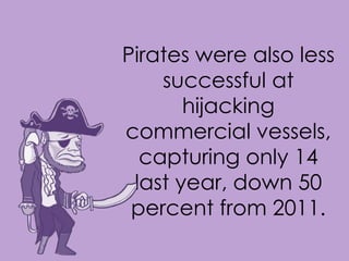 Pirates were also less
successful at
hijacking
commercial vessels,
capturing only 14
last year, down 50
percent from 2011.
 