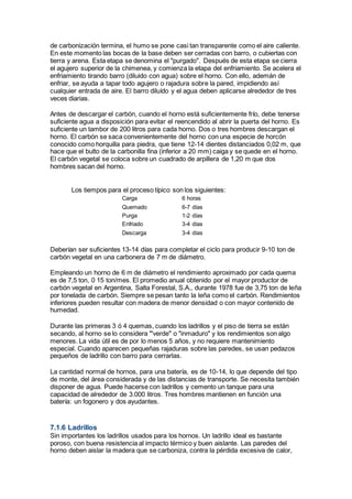 de carbonización termina, el humo se pone casi tan transparente como el aire caliente.
En este momento las bocas de la base deben ser cerradas con barro, o cubiertas con
tierra y arena. Esta etapa se denomina el "purgado". Después de esta etapa se cierra
el agujero superior de la chimenea, y comienza la etapa del enfriamiento. Se acelera el
enfriamiento tirando barro (diluido con agua) sobre el horno. Con ello, ademán de
enfriar, se ayuda a tapar todo agujero o rajadura sobre la pared, impidiendo así
cualquier entrada de aire. El barro diluído y el agua deben aplicarse alrededor de tres
veces diarias.
Antes de descargar el carbón, cuando el horno está suficientemente frío, debe tenerse
suficiente agua a disposición para evitar el reencendido al abrir la puerta del horno. Es
suficiente un tambor de 200 litros para cada horno. Dos o tres hombres descargan el
horno. El carbón se saca convenientemente del horno con una especie de horcón
conocido como horquilla para piedra, que tiene 12-14 dientes distanciados 0,02 m, que
hace que el bulto de la carbonilla fina (inferior a 20 mm) caiga y se quede en el horno.
El carbón vegetal se coloca sobre un cuadrado de arpillera de 1,20 m que dos
hombres sacan del horno.
Los tiempos para el proceso típico son los siguientes:
Carga 6 horas
Quemado 6-7 días
Purga 1-2 días
Enfriado 3-4 días
Descarga 3-4 días
Deberían ser suficientes 13-14 días para completar el ciclo para producir 9-10 ton de
carbón vegetal en una carbonera de 7 m de diámetro.
Empleando un horno de 6 m de diámetro el rendimiento aproximado por cada quema
es de 7,5 ton, 0 15 ton/mes. El promedio anual obtenido por el mayor productor de
carbón vegetal en Argentina, Salta Forestal, S.A., durante 1978 fue de 3,75 ton de leña
por tonelada de carbón. Siempre se pesan tanto la leña como el carbón. Rendimientos
inferiores pueden resultar con madera de menor densidad o con mayor contenido de
humedad.
Durante las primeras 3 ó 4 quemas, cuando los ladrillos y el piso de tierra se están
secando, al horno se lo considera "'verde" o "inmaduro" y los rendimientos son algo
menores. La vida útil es de por lo menos 5 años, y no requiere mantenimiento
especial. Cuando aparecen pequeñas rajaduras sobre las paredes, se usan pedazos
pequeños de ladrillo con barro para cerrarlas.
La cantidad normal de hornos, para una batería, es de 10-14, lo que depende del tipo
de monte, del área considerada y de las distancias de transporte. Se necesita también
disponer de agua. Puede hacerse con ladrillos y cemento un tanque para una
capacidad de alrededor de 3.000 litros. Tres hombres mantienen en función una
batería: un fogonero y dos ayudantes.
7.1.6 Ladrillos
Sin importantes los ladrillos usados para los hornos. Un ladrillo ideal es bastante
poroso, con buena resistencia al impacto térmico y buen aislante. Las paredes del
horno deben aislar la madera que se carboniza, contra la pérdida excesiva de calor,
 