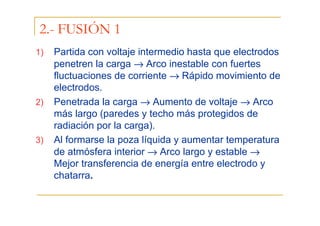 2.- FUSIÓN 1
1)

2)

3)

Partida con voltaje intermedio hasta que electrodos
penetren la carga → Arco inestable con fuertes
fluctuaciones de corriente → Rápido movimiento de
electrodos.
Penetrada la carga → Aumento de voltaje → Arco
más largo (paredes y techo más protegidos de
radiación por la carga).
Al formarse la poza líquida y aumentar temperatura
de atmósfera interior → Arco largo y estable →
Mejor transferencia de energía entre electrodo y
chatarra.

 