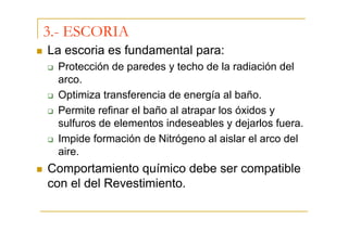 3.- ESCORIA
La escoria es fundamental para:
Protección de paredes y techo de la radiación del
arco.
Optimiza transferencia de energía al baño.
Permite refinar el baño al atrapar los óxidos y
sulfuros de elementos indeseables y dejarlos fuera.
Impide formación de Nitrógeno al aislar el arco del
aire.

Comportamiento químico debe ser compatible
con el del Revestimiento.

 