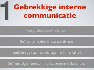 1  Gebrekkige interne
     communicatie
           (te) grote span of attention

       (te) grote fysieke en sociale afstand

   met-de-rug-naar-het-management mentaliteit

(te) veel algemene communicatie en emailoverload
 
