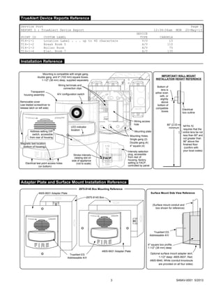 3 S49AV-0001 5/2013
NFPA 72
requires that the
entire lens be not
less than 80" and
not greater than
96" above the
finished floor
(confirm with
your local codes)
Removable cover
(use bladed screwdriver to
release latch on left side)
Mounting is compatible with single gang,
double gang, and 4" (102 mm) square boxes,
1-1/2" (38 mm) deep, supplied separately
Mounting Holes:
Single gang (2)
Double gang (4)
4" square (4)
Magnetic test location
(bottom of housing)
LED indicator
location
Transparent
housing assembly
Mounting plate
Electrical test point access holes
(on bottom)
Wiring access
hole
Wiring terminals and
connection clips
Electrical
box outline
80" (2.03 m)
minimum
IMPORTANT! WALL MOUNT
INSTALLATION HEIGHT REFERENCE
Bottom of
lens is
either even
with, or
slightly
above
bottom of
compatible
boxes
Strobe intensity
viewing slot on
side of appliance
(not to scale)
Intensity selection
plug, accessible
from rear of
housing; factory
setting is FACP,
controlled by panel
110
75
30
15
FACP
135
185
Address setting DIP
switch, accessible
from rear of housing
A/V configuration switch
TrueAlert ES
Addressable A/V
2975-9145 Box
4905-9931 Adapter Plate
4905-9931 Adapter Plate
4" square box profile,
1-1/2" (38 mm) deep
(Surface mount conduit and
box shown for reference)
Optional surface mount adapter skirt,
1-1/2" deep: 4905-9937, Red;
4905-9940, White (conduit knockouts
are provided on all four sides)
TrueAlert ES
Addressable A/V
Surface Mount Side View Reference
2975-9145 Box Mounting Reference
Service Port Page 1
REPORT 5 : TrueAlert Device Report 12:34:56am MON 20-May-13
POINT ID CUSTOM LABEL
DEVICE
TYPE CANDELA
T14-1-1 Location Label . . . up to 40 characters V/O 15
T14-1-2 Break Room 5 A/V 110
T14-1-3 Boiler Room A/V 75
T14-1-4 Elec. Room 7 A/V 135
Adapter Plate and Surface Mount Installation Reference
Installation Reference
TrueAlert Device Reports Reference
 