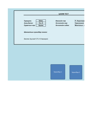 ЦАХИМ ТЕСТ



Сургууль:         Шавь             Багшийн нэр           П. Хоролмаа
Анги,бүлэг:       9 а, б           Хичээлийн нэр:        Уранзохиол
Сурагчын нэр:     Буниа            Хичээлийн сэдэв:      Монголын нууц товчоо



Шалгалтын хувилбар сонгох:



Бөглөж дуусаад CTL+S дараарай.




                                 Хувилбар-1           Хувилбар-2
 