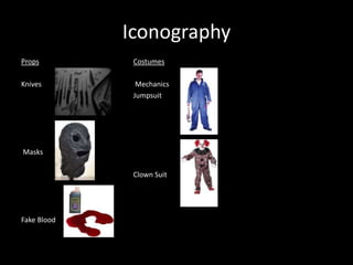 Iconography
Props

Costumes

Knives

Mechanics
Jumpsuit

Masks
Clown Suit

Fake Blood

 