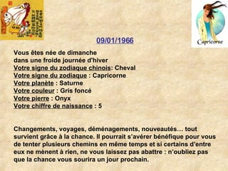 09/01/1966 Vous êtes née de dimanche dans une froide journée d'hiver Votre signe du zodiaque chinois : Cheval  Votre signe du zodiaque  : Capricorne  Votre planète  : Saturne  Votre couleur  : Gris foncé  Votre pierre  : Onyx  Votre chiffre de naissance  : 5  Changements, voyages, déménagements, nouveautés… tout survient grâce à la chance. Il pourrait s’avérer bénéfique pour vous de tenter plusieurs chemins en même temps et si certains d’entre eux ne mènent à rien, ne vous laissez pas abattre : n’oubliez pas que la chance vous sourira un jour prochain.  