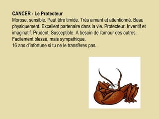 CANCER - Le Protecteur    Morose, sensible. Peut être timide. Très aimant et attentionné. Beau physiquement. Excellent partenaire dans la vie. Protecteur. Inventif et imaginatif. Prudent. Susceptible. A besoin de l'amour des autres. Facilement blessé, mais sympathique.  16 ans d’infortune si tu ne le transfères pas.  