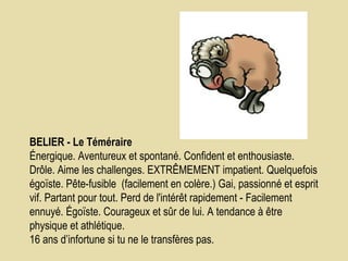 BELIER - Le Téméraire       Énergique. Aventureux et spontané. Confident et enthousiaste. Drôle. Aime les challenges. EXTRÊMEMENT impatient. Quelquefois égoïste. Pête-fusible  (facilement en colère.) Gai, passionné et esprit vif. Partant pour tout. Perd de l'intérêt rapidement - Facilement ennuyé. Égoïste. Courageux et sûr de lui. A tendance à être physique et athlétique.  16 ans d’infortune si tu ne le transfères pas.  