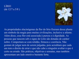 LÍRIO (de 12/7 a 5/8 ) As propriedades alucinógenas da flor do lírio fizeram dessa planta um símbolo da magia para muitas civilizações, inclusive a atlante. Além disso, essa flor está associada à pureza e à dignidade. As pessoas que nascem sob o signo de Lírio são dotadas de caráter nobre. Comportam-se com retidão, firmeza e coerência. Não gostam de julgar nem de serem julgadas, pois acreditam que cada um tem o direito de errar e que não cabe a ninguém avaliar o que é certo ou errado. São práticas, objetivas e sensatas, mas também apresentam um lado emotivo bastante forte. 