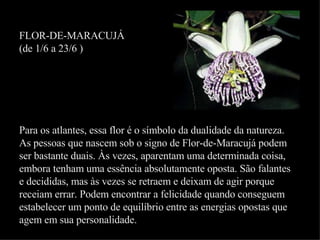 FLOR-DE-MARACUJÁ (de 1/6 a 23/6 ) Para os atlantes, essa flor é o símbolo da dualidade da natureza. As pessoas que nascem sob o signo de Flor-de-Maracujá podem ser bastante duais. Às vezes, aparentam uma determinada coisa, embora tenham uma essência absolutamente oposta. São falantes e decididas, mas às vezes se retraem e deixam de agir porque receiam errar. Podem encontrar a felicidade quando conseguem estabelecer um ponto de equilíbrio entre as energias opostas que agem em sua personalidade. 