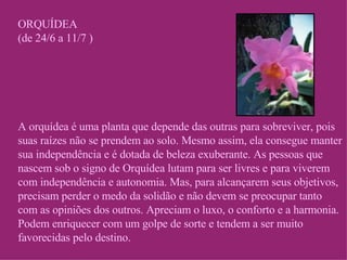 ORQUÍDEA (de 24/6 a 11/7 ) A orquídea é uma planta que depende das outras para sobreviver, pois suas raízes não se prendem ao solo. Mesmo assim, ela consegue manter sua independência e é dotada de beleza exuberante. As pessoas que nascem sob o signo de Orquídea lutam para ser livres e para viverem com independência e autonomia. Mas, para alcançarem seus objetivos, precisam perder o medo da solidão e não devem se preocupar tanto com as opiniões dos outros. Apreciam o luxo, o conforto e a harmonia. Podem enriquecer com um golpe de sorte e tendem a ser muito favorecidas pelo destino. 