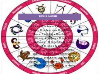 Signos do Zodíaco

 Carneiro - 21 de Março a 20 de Abril
 Aquário – 21 de Janeiro a 19 de Fevereiro
  Peixes - 20 de Fevereiro a 20 de Março
    Touro - 21 de Abril a 20 de Maio
     Gémeos – 21 de Maio a 21 de Junho
    Caranguejo – 22 de Junho a 22 de Julho
    Leão – 23 de Julho a 22 de Agosto
    Virgem - 23 de Agosto a 22 de Setembro
   Balança – 23 de Setembro a 20 de Outubro
Escorpião - 21 de Outubro a 20 de Novembro
Sagitário – 21 de Novembro a 22 de Dezembro
Capricórnio – 23 de Dezembro a 20 de Janeiro
 